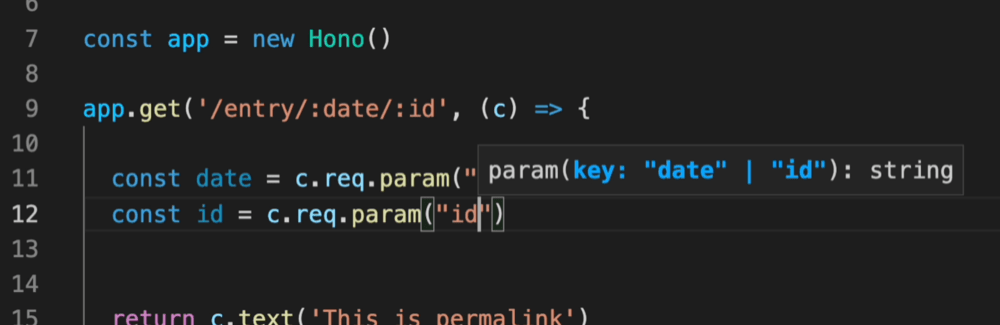 A screenshot showing Hono having proper literal typing when URL parameters. The URL "/entry/:date/:id" allows for request parameters to be "date" or "id"